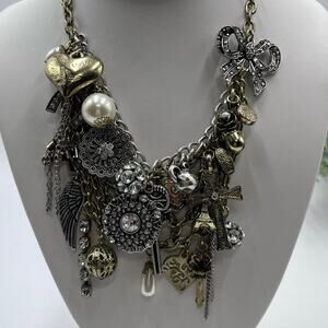 Chunky Vintage Grunge Steampunk Goth Charm Dangle Bib Mixed Metal Necklace